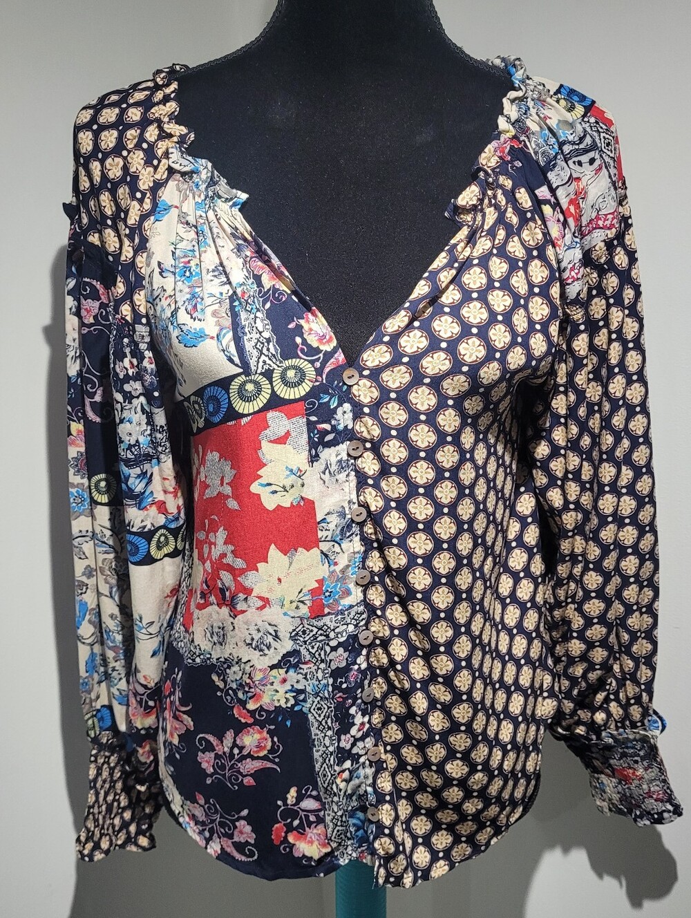 Shannon Passero Women's Mixed Print Button Front Blouse XS Red Blue Boho Indie